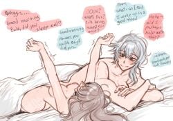 2girls after_sex amber_(genshin_impact) bite_mark bite_mark_on_ass bite_mark_on_shoulder bite_marks blush brown_hair cute dialogue eula_(genshin_impact) female female_only genshin_impact hoyoverse lonupichi810 mihoyo muscular muscular_female stretching text toned toned_female wholesome yawning yuri
