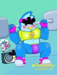 bird blue_fur bodybuilding brawl_stars cropped cute cute_face dogarcello fat_ass furry gay halteres male male/male male_only mr._p_(brawl_stars) muscles muscular muscular_male nozzle penguin shorts supercell topwear training