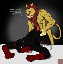 anthro bed canine collar cum dialogue doberman english_text feline fur furry furry_only gay linkin lion male monroe nipples text tongue