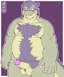 1boy anthro ball_tuft balls ballsack beefy body_hair chubby crocodile foreskin glasses hairy humanoid_penis intact looking_at_viewer male male_nipples male_only male_pubic_hair penis precum reptile retracted_foreskin scalie scrotum solo testicles uncut veins veiny_penis wanikami