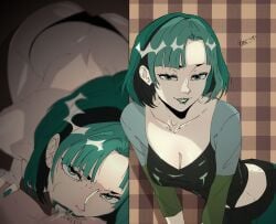 1girl1boy artist_request big_breasts black_hair blowjob blowjob_face cartoon_network cumming cute_face female female_focus goth goth_girl green_hair green_lipstick gwen_(tdi) kuji_moshi_suzu licking licking_penis lipstick looking_at_viewer makeup medium_breasts pov total_drama_island white_body