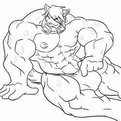 1boy bulge canine danandnite ear_piercing goggles hyena looking_at_viewer male male_only muscles piercing presenting sitting solo speedo tail underwear