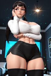 1girls 3d 3d_(artwork) ai ai_generated bangs big_ass big_breasts black_hair blunt_bangs booty_shorts cleavage cleavage_cutout freckles hispanic kali_(oc) latina radnsad selfie solo solo_female solo_focus sweater thick_thighs thighhighs turtleneck twintails