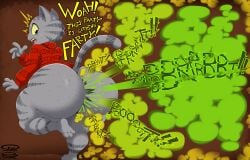 1boy 2d ass ass_bigger_than_head big_ass clothing domestic_cat english_text fart fart_cloud fart_fetish fart_focus farting fat_ass felid feline feline femboy fritz_the_cat fritz_the_cat_(character) furry furry_only girly green_fart_cloud grey_fur looking_back male male_fart male_only no_genitals no_pants no_sex nonhuman onomatopoeia simple_background skunk_bunk solo solo_male spots spots_on_ass standing text thick_thighs