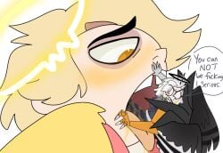 abel_(hazbin_hotel) angel chimeracocks dialogue drooling extreme_size_difference half-closed_eyes hazbin_hotel lute_(hazbin_hotel) oral_vore tooth_gap unwilling_prey unwilling_vore vore yellow_saliva