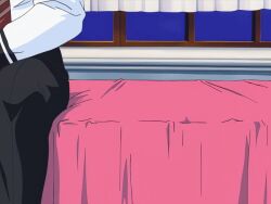 1boy 1girls 2001 animated animated anime_screenshot bed bed_sheet bible_black bible_black_night_of_the_walpulgiss female female legs minase_taki necktie panties saeki_kaori school_uniform sitting skirt sleeveless tagme thighhighs thighs white_panties