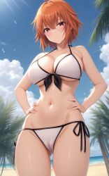 1girl ahoge ai-created ai_generated ane_to_osananajimi_wa_naka_ga_ii! ass_visible_through_thighs bare_arms bare_shoulders beach bikini black_trim blue_sky blush breasts cameltoe cleavage closed_mouth cloud collarbone cowboy_shot day female front-tie_top hair_between_eyes halterneck hands_on_own_hips large_breasts looking_at_viewer navel ocean orange_hair outdoors palm_tree pixiv red_eyes rena_aikawa_(pixiv_user) short_hair side-tie_bikini_bottom sky smile solo stable_diffusion standing stomach string_bikini swimsuit takahashi_mitsuki thighs tree water water_drop wet white_bikini