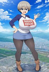 1girls ai_generated big_breasts breasts breasts_bigger_than_head city clothed clothed_female female female_focus female_only giantess giga_giantess gray_hair gray_hair_female grey_hair grey_hair_female large_boobs large_breasts red5805 short_hair short_hair_female solo solo_female solo_focus uzaki-chan_wa_asobitai! uzaki_hana