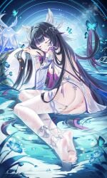 absurdres anus ass black_hair blush breast_curtains breasts bug butterfly censored closed_eyes columbina_(genshin_impact) commentary_request dress eye_mask eyes_on_wings fatui_coat feathered_wings female genshin_impact hair_ornament head_wings highres jndfh long_hair mask medium_breasts mosaic_censoring multicolored_hair multiple_wings nipples no_shoes pink_hair pussy soles solo symbol-shaped_pupils thighhighs underboob wet wet_clothes white_dress white_mask white_thighhighs white_wings wing_hair_ornament wings x-shaped_eyewear x-shaped_pupils