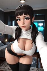 1girls 3d 3d_(artwork) ai ai_generated bangs big_ass big_breasts black_hair blunt_bangs booty_shorts cleavage cleavage_cutout freckles hispanic kali_(oc) latina radnsad selfie solo solo_female solo_focus sweater thick_thighs thighhighs turtleneck twintails