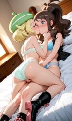 ai_generated bedroom bianca_(pokemon) hilda_(pokemon) kissing lying, underwear, yuri