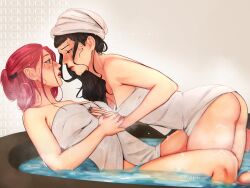 ass baobeics bath bathhouse imminent_kiss kpop_demon_hunters legs mira_(kpop_demon_hunters) towel towel_on_head towel_only yuri zoey_(kpop_demon_hunters)