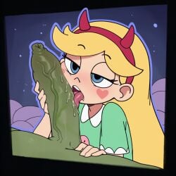 1boy 1boy1girl 1girls ai_generated big_penis blonde_hair blue_eyes cock cock_worship disney disney_channel disney_xd green_body green_skin huge_cock intersex licking_penis long_hair monster monster_cock star_butterfly star_vs_the_forces_of_evil tagme veiny_penis