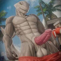 3d_(artwork) 5_fingers abs absurd_res anthro balls beach big_penis bodily_fluids bottomwear bottomwear_down clothed clothing digital_media_(artwork) erection fingers fish genital_fluids genitals glans glistening glistening_body grey_body grey_skin hi_res jaeger3d jewelry life_preserver male marine muscular muscular_anthro muscular_male necklace palm_tree pants pants_down partially_clothed penis plant precum shark sharp_teeth solo swimming_trunks swimwear teeth tree vein veiny_penis wet wet_body yellow_eyes
