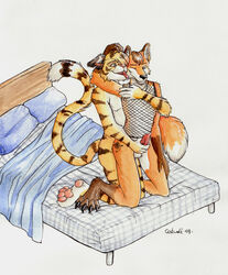 2009 anal anthro bed brown canine catwolf eikuku feline fox from_behind fur furry furry_only gay hentaru konu letigre male mouth open penetration tattoo tiger xaafw