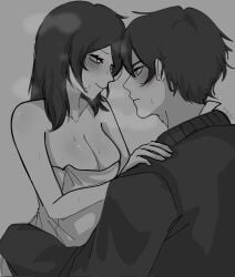 1boy 1girls 2d andrew_graves anex_(artist) ashley_graves black_hair blush breasts brother_and_sister cleavage eye_contact female green_eyes hair_down incest male pink_eyes siblings straight tease teasing the_coffin_of_andy_and_leyley towel towel_only wet wet_body