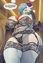 barely_visible_genitalia barely_visible_vulva big_breasts biped blue_hair blush bra breasts clothing dialogue female fingers garter_belt garter_straps generation_6_pokemon genitals hair hi_res looking_at_viewer mega_evolution mega_gardevoir mleonheart monotone_body nintendo not_furry panties pokemon pokemon_(species) pupils red_eyes shiny_pokemon smile solo text thick_thighs underwear vulva white_body white_sclera wide_hips