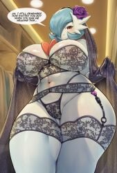 barely_visible_genitalia barely_visible_vulva big_breasts biped blue_hair blush bra breasts clothing dialogue female fingers garter_belt garter_straps generation_6_pokemon genitals hair hi_res looking_at_viewer mega_evolution mega_gardevoir mleonheart monotone_body nintendo not_furry panties pokemon pokemon_(species) pupils red_eyes shiny_pokemon smile solo text thick_thighs underwear vulva white_body white_sclera wide_hips