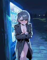 1girls big_breasts blush bottomless breasts cleavage closed_mouth coat covering_breasts exhibitionism female female_only girls&#039;_frontline girls&#039;_frontline_2:_exilium grey_hair groin hairclip large_breasts looking_at_viewer naked naked_coat night night_sky nude outdoors park public_nudity ruppu_rup short_hair sweat sweatdrop vector_(girls&#039;_frontline) vector_(girls&#039;_frontline_2) vending_machine yellow_eyes