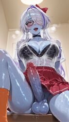 acheron_(honkai:_star_rail) ai_generated artist_request black_bra black_choker blush bow bra breasts choker cleavage colored_skin dragon_ball dragon_ball_super erection female futanari glasses hair_over_one_eye hairbow honkai:_star_rail honkai_(series) large_breasts long_hair looking_at_viewer multicolored_hair open_mouth penis pleated_skirt precum purple_hair pussy_juice red_bow red_eyes red_skirt shirt sitting skirt socks solo streaked_hair testicles tongue tongue_out uncensored underwear vados veins veiny_penis wet white_hair white_shirt