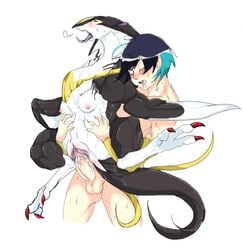 black blue_hair elen female hair human interspecies male milkcrown multiple_tails penetration scalie sex straight tail tongue_out vaginal_penetration