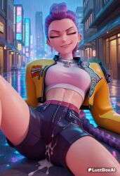1girls ai_generated belt braid braided_ponytail breasts building city closed_eyes crop_top cropped_jacket cum cum_on_body cum_on_clothes ear_piercing earrings female hi_res jacket jewelry kpop_demon_hunters long_hair looking_at_viewer lustboxai makeup midriff necklace netflix night open_clothes open_jacket outdoors piercing pink_belt purple_hair rain rumi_(kpop_demon_hunters) short_shorts shorts single_braid sitting smile solo sony_pictures_animation spread_legs very_long_hair yellow_jacket