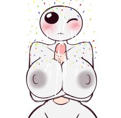 1boy 1boy1girl 1girls anthro anthrofied areola areolae arms_crossed arms_crossed_under_breasts bald beady_eyes big_breasts big_eyes big_penis blush boobjob bottomless breasts breasts_out celebrating celebration confetti cum cum_on_body cum_on_breasts cum_on_face cumming disembodied_penis ejaculation ejaculation_between_breasts female female_focus goldbite83 grey_body grey_nipples grey_skin hairless hips huge_breasts human humanoid mammal nipples nude nude_female offscreen_character offscreen_male paizuri penis shy sprinkles surprised tbh_creature titjob topless topless_female