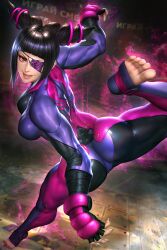 1girls ass barefoot bodysuit capcom clothed eye_patch feet female female_only imminent_kick juri_han neoartcore pink_eyes realistic skin_tight soles solo street_fighter street_fighter_v tagme tight_clothing toes twin_drills