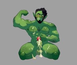 1male big_thighs cum daspurplesong erect_penis erection facial_hair gay green_body green_skin male male_focus male_only masturbation muscular muscular_male orc orc_male smooth_skin