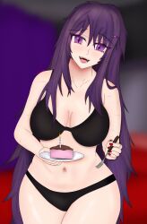 1girls birthday black_bra black_panties bra cake candle doki_doki_literature_club fangs feeding female fork happy_birthday_squadalaguy holding_fork holding_object holding_utensil lit_candle looking_at_viewer open_mouth panties plate purple_eyes purple_hair scars slice_of_cake solo synnkeh yuri_(doki_doki_literature_club)