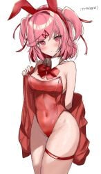 1girls bare_arms bare_legs bare_shoulders blush blush_lines bow bowtie breasts bunny_ears bunny_girl bunnysuit cleavage collar collarbone doki_doki_literature_club female female_only furrowed_brow hair hair_ribbon hips jacket legs_together natsuki_(doki_doki_literature_club) navel navel_line pink_eyes pink_hair red_ribbon sideboob skin_tight slim slim_waist small_breasts solo solo_focus spandex taking_clothes_off taking_off_jacket thick_thighs thigh_strap thighs wide_hips wide_thighs yon4444444