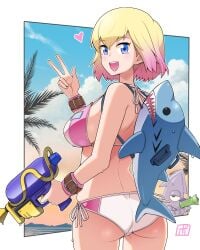 1girls ass ass_focus back_view backpack bare_back bare_shoulders beach bikini bikini_bottom bikini_top blonde_female blonde_hair blue_eyes bowieknife female female_focus female_only gwen_poole gwenpool gwenpool_(series) heart looking_at_viewer looking_back looking_over_shoulder marvel marvel_comics medium_breasts pink_hair pussy_bulge round_ass sideboob squid squirt_gun thick_thighs thighs v_sign water_gun