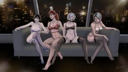 4girls acindyce_(artist) asian_female black_cat_(insomniac) black_cat_(marvel) bra brown_hair choker city_background felicia_hardy indoors insomniac_games lingerie marvel mary_jane_watson mary_jane_watson_(insomniac) multiple_girls nude_female older_female panties pantyhose pinup red_hair see-through_clothing short_hair silver_sable silver_sablinova spider-man_(ps4) spider-man_(series) stockings thighhighs transparent_clothing underwear wallpaper white_hair yuriko_watanabe