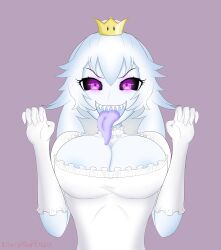 black_sclera boosette crown female ghost ghost_girl kawaiiredpandas large_breasts mario_(series) new_super_mario_bros._u_deluxe nintendo purple_eyes purple_tongue sharp_teeth white_hair white_skin