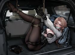 absurdres arms_up azur_lane backpack bag bangs belt black_bra black_choker black_gloves black_pantyhose black_skirt blue_eyes blush bondage bound bound_and_gagged bound_legs bound_wrists bra breasts brown_hair buttons car car_interior chinese_commentary choker cleavage cloth_gag commentary_request commission dildo drooling english_commentary female full_body full_cleavage gag gagged gdhs gloves ground_vehicle hair_intakes half-closed_eyes headphones highres improvised_gag kidnapped kronshtadt_(azur_lane) legs legs_together legs_up long_hair long_sleeves looking_at_viewer lying medium_breasts miniskirt mixed-language_commentary motor_vehicle nose_blush object_insertion on_back open_clothes open_mouth open_shirt outstretched_arms own_hands_together pantyhose partial_commentary pencil_skirt ponytail rope saliva second-party_source sex_toy shiny shiny_hair shiny_skin shirt shirt_tucked_in side_slit sidelocks skindentation skirt solo tape tape_gag thigh_strap thighs underwear vaginal_object_insertion vaginal_penetration vibrator vibrator_under_clothes white_shirt yuyou_(17089184)