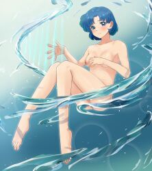 ami_mizuno back_bow bangs bishoujo_senshi_sailor_moon blue_eyes blue_hair blush bow breasts earrings female harp highres looking_at_viewer magical_girl nude pussy short_hair small_breasts smile solo water yoo_tenchi