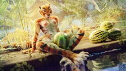 1girls 3d bare black_stripes breasts dreamworks felid female food fruit fur hi_res kung_fu_panda mammal master_tigress melon muscular nude orange_body orange_fur pantherine picti plant red_eyes small_breasts solo stripes tagme tiger water watermelon yellow_sclera