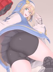 1boy ass backsack balls blonde_hair blue_eyes bridget bulge butt eye_contact gloves guilty_gear guilty_gear_strive looking_at_viewer male male_only penis_bulge shorts solo solo_male spandex_shorts taito0630 thick_thighs thighs