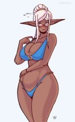 big_breasts bikini blush blush dark-skinned_female dark_skin elf elf_female embarrassed fiffer glasses hair_bun humanoid pointy_ears standing white_hair