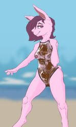 2022 absurd_res anthro beach breasts clothing feces feces_in_clothing feces_on_body female filth front_view fur genitals glistening glistening_clothing grin hair hi_res katlin lagomorph leporid mammal nipples outside panty_poop panty_pooping pink_body pink_fur pussy rabbit scat seaside smile soiling solo swimwear translucent translucent_clothing translucent_swimwear