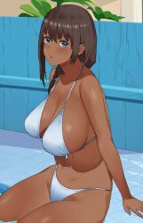 1girls 2022 bangs bikini blue_eyes breasts brown_hair collarbone dark-skinned_female dark_skin female female female_only hai_ookami large_breasts looking_at_viewer medium_hair navel original pool sitting solo solo_female swimsuit white_bikini