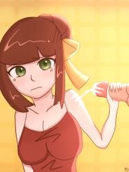 1boy 1girls artist_name balls brown_hair cleavage cleo's_mom_(my_story_animated) clothed clothed_female_nude_male clothed_sex cum cum_on_body female green_eyes hair_ribbon handjob highres holding holding_penis male mikumiyo milf my_story_animated older_female penis request self_upload testicles yellow_background youtube