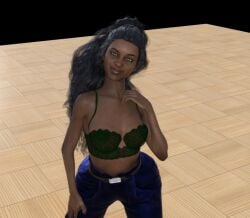 3d dark-skinned_female dark_skin daz_studio disney disney_channel dragolord19d kim_possible kneeling looking_at_viewer monique_(kim_possible) semi_clothed