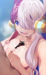 1boy :d bar_censor breasts censored completely_nude cum cum_on_body cum_on_breasts cum_on_hair facial female fumihiko_(fu_mihi_ko) fumihiko_(pixiv2658856) hair_over_one_eye headphones highres large_breasts male multicolored_hair nude one_eye_covered one_piece one_piece_film_red open_mouth paizuri penis pink_hair pink_nails purple_eyes red_hair smile solo_focus straight uta_(one_piece)