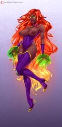 1girls absurd_res areolae athletic_female boots breasts breasts_out dark-skinned_female dark_skin dc dc_comics empty_eyes female female_only floating full_body green_eyes high_heel_boots incorrect_skin_color leotard liuskin long_hair nipples red_hair solo solo_female starfire tamaranean teen_titans yellow_highlights