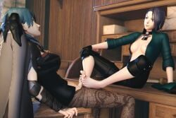 3d barefoot breasts breasts_out byleth_(fire_emblem) byleth_(fire_emblem)_(female) dawadd desk fire_emblem fire_emblem:_three_houses foot_fetish footjob jacket_only nintendo nipples open_jacket shamir_nevrand sitting sitting_on_desk