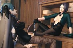 3d breasts breasts_out byleth_(fire_emblem) byleth_(fire_emblem)_(female) dawadd desk fire_emblem fire_emblem:_three_houses foot_fetish footjob footjob_with_legwear futanari jacket_only nintendo nipples open_jacket shamir_nevrand sitting sitting_on_desk