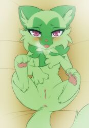 2022 :3 anus bedroom_eyes blush darkmirage female feral fur furry furry_only genitals hi_res lying narrowed_eyes nintendo pokémon_(species) pokemon pokemon_sv pussy seductive solo sprigatito tail video_games