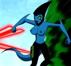 1girls 2d alien alien_girl belly belly_button ben_10 big_breasts black_lips blue-skinned_female blue_skin edit erect_nipples female female_focus female_only helen_wheels kineceleran kuplo_(artist) motion_blur nipples no_bra screencap screenshot screenshot_edit tail topless topless_female tree trees