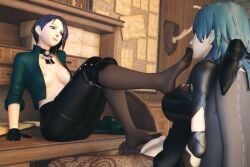 3d breasts breasts_out byleth_(fire_emblem) byleth_(fire_emblem)_(female) dawadd desk fire_emblem fire_emblem:_three_houses foot_fetish footjob footjob_with_legwear jacket_only nintendo nipples open_jacket shamir_nevrand sitting sitting_on_desk